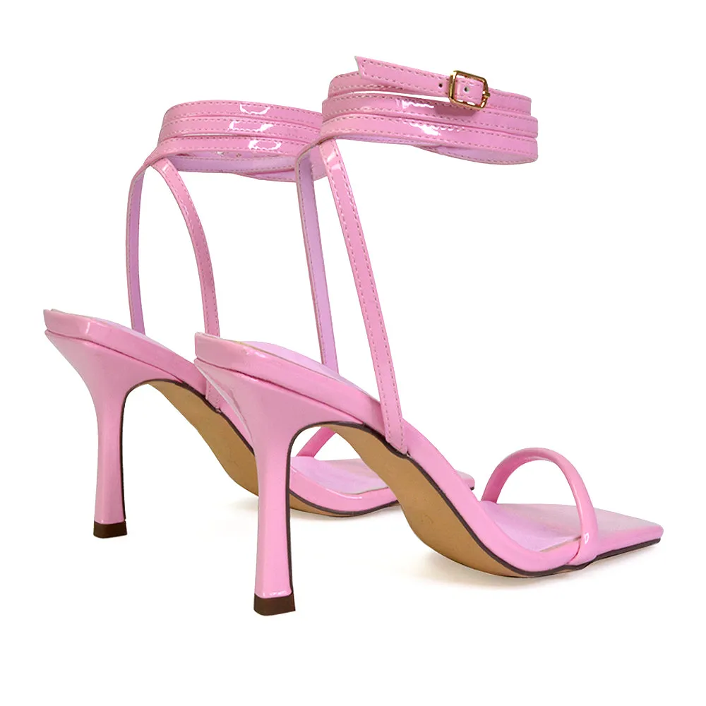 Jolie Square Toe Lace Up Strappy Sandal Stiletto High Heels in Pink