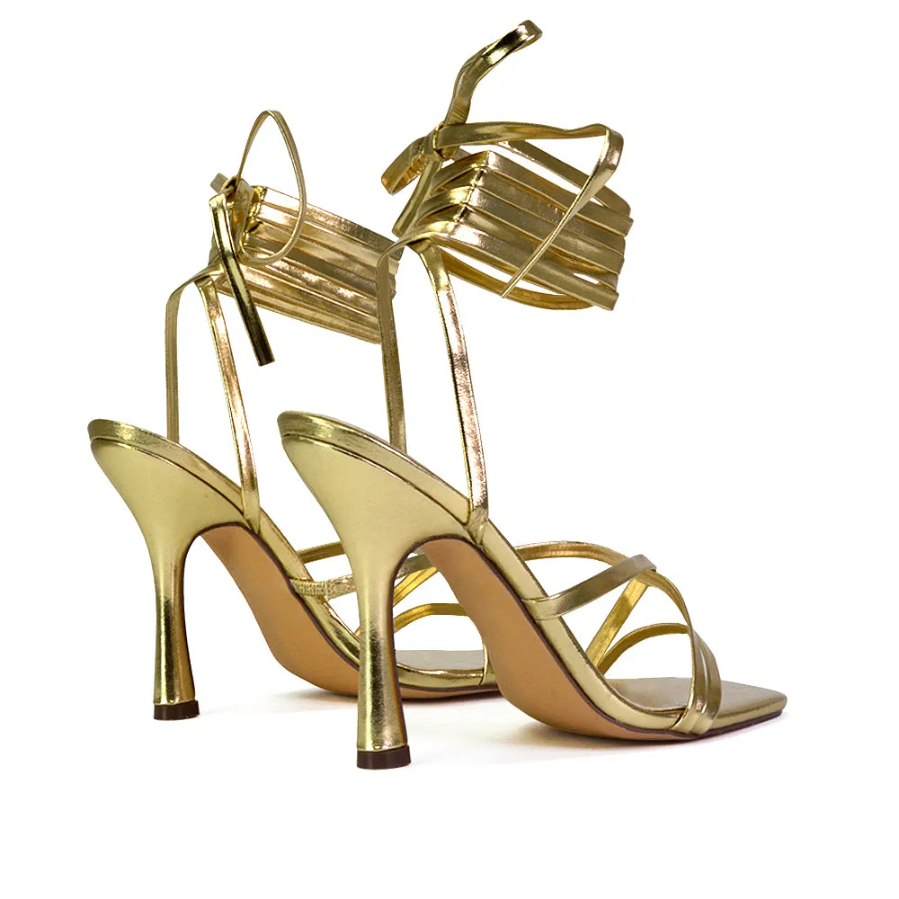 Kyra Lace Up High Heel Stilettos Sandals with Square Toe in Gold