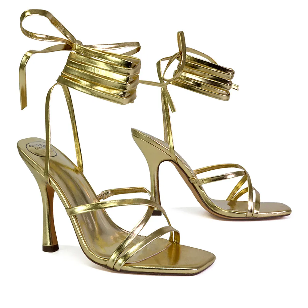 Kyra Lace Up High Heel Stilettos Sandals with Square Toe in Gold