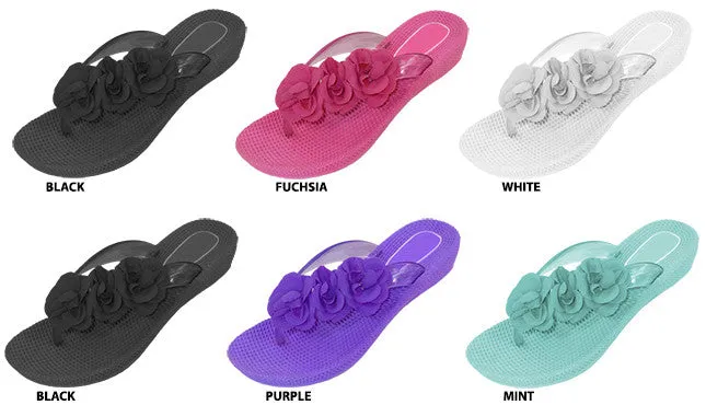 ladies pcu flip flop with 1" wedge and flower ornaments Case of 72