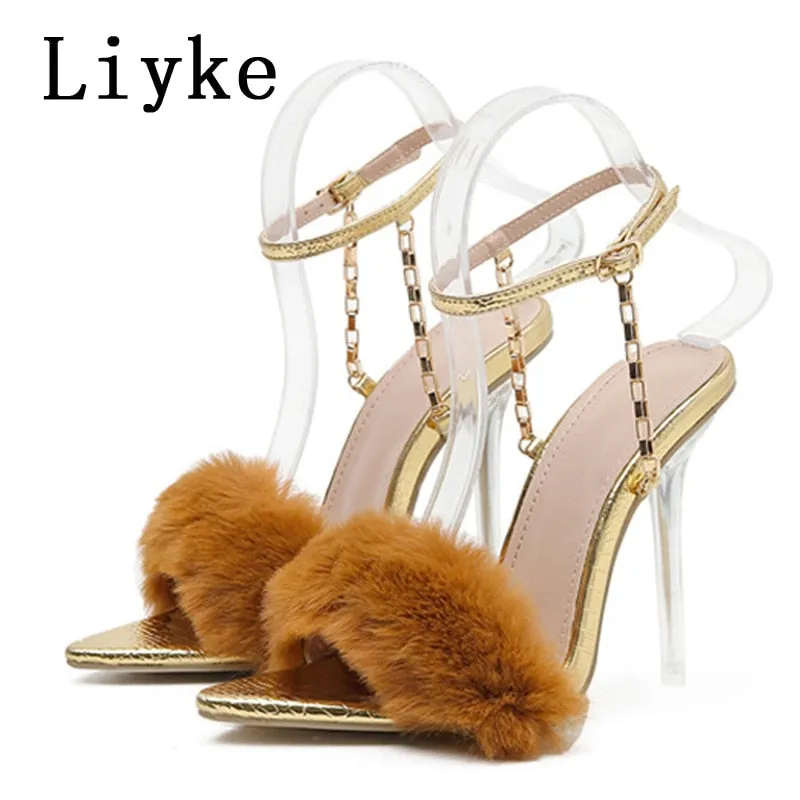 Liyke Women Sexy Sandals Transparent High Heels Ladies Fashion Fluffy Pointed Toe Buckle Strap Party Shoes Silver