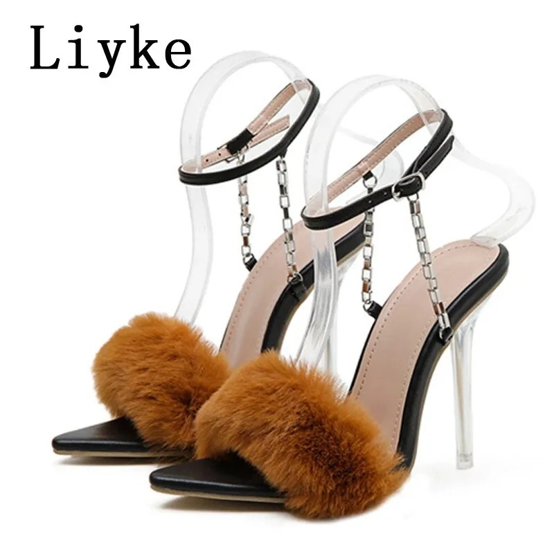 Liyke Women Sexy Sandals Transparent High Heels Ladies Fashion Fluffy Pointed Toe Buckle Strap Party Shoes Silver