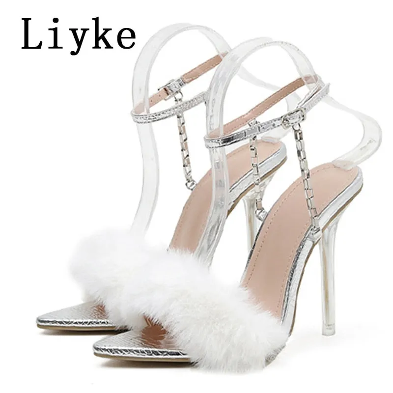 Liyke Women Sexy Sandals Transparent High Heels Ladies Fashion Fluffy Pointed Toe Buckle Strap Party Shoes Silver