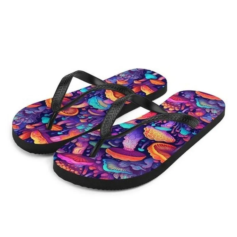 Magic Mushroom Flip Flops, Custom Unisex Summer Sandals, Durable Beach Shoes