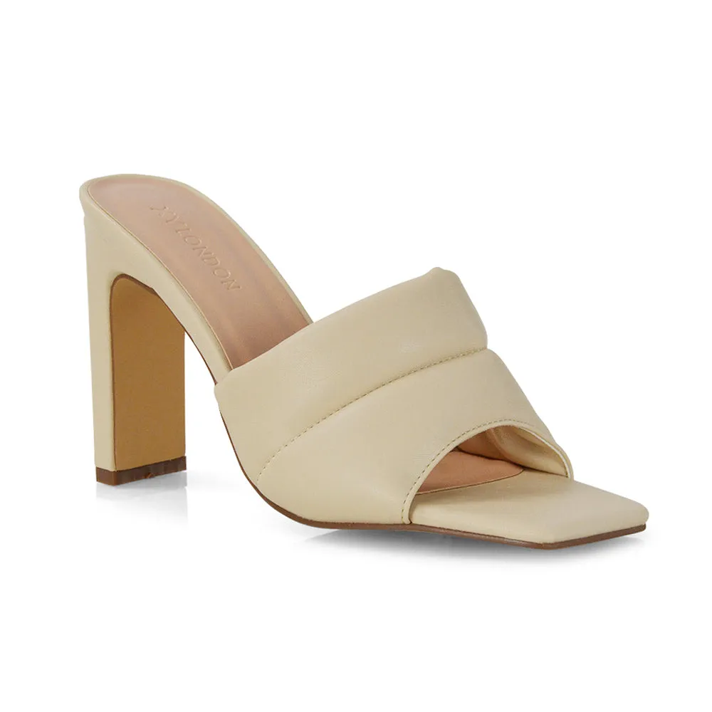 Mallory Square Toe Strappy Slip on Slim Block High Heel Mule Sandals in Nude