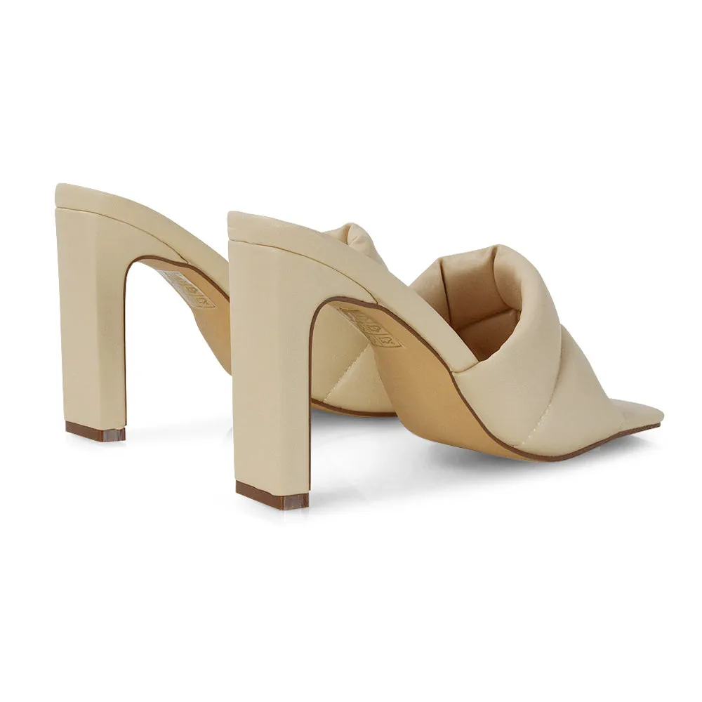 Mallory Square Toe Strappy Slip on Slim Block High Heel Mule Sandals in Nude