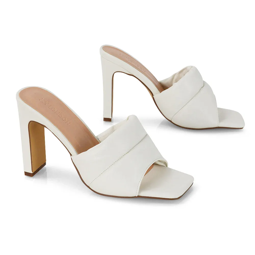 Mallory Square Toe Strappy Slip on Slim Block High Heel Mule Sandals in Nude