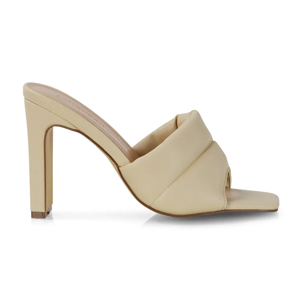 Mallory Square Toe Strappy Slip on Slim Block High Heel Mule Sandals in Nude