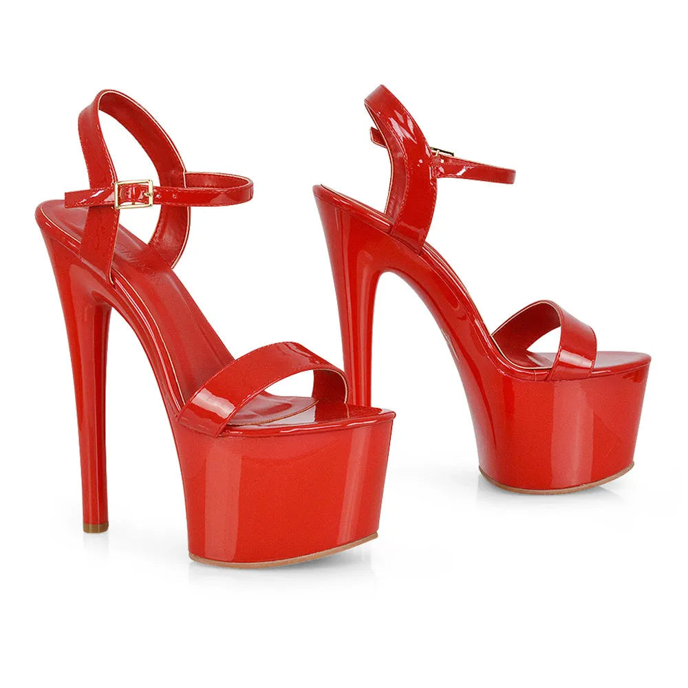 Matilda Statement Strappy Sky High Stiletto Platform Heels in Red Patent