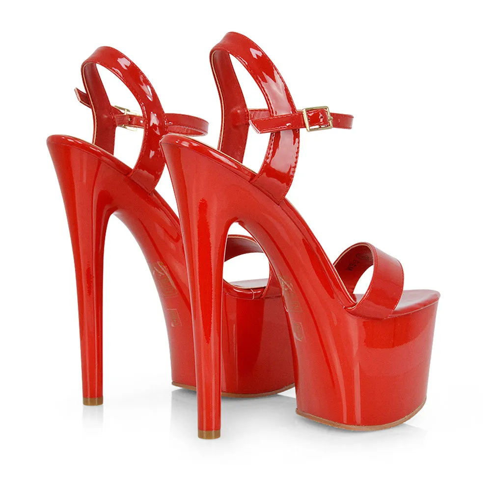 Matilda Statement Strappy Sky High Stiletto Platform Heels in Red Patent