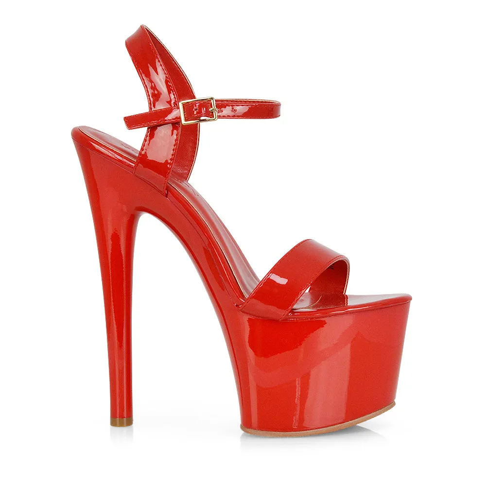 Matilda Statement Strappy Sky High Stiletto Platform Heels in Red Patent