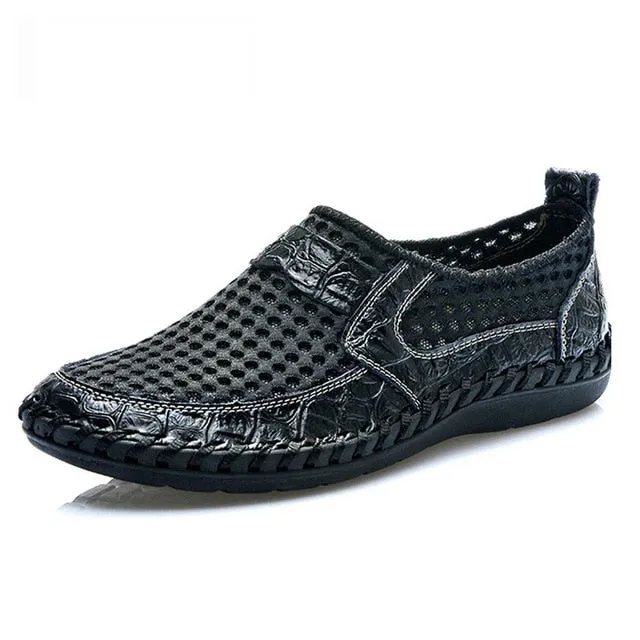 Men's Breathable Mesh Italy Loafers Genuine Leather Slip On Shoes