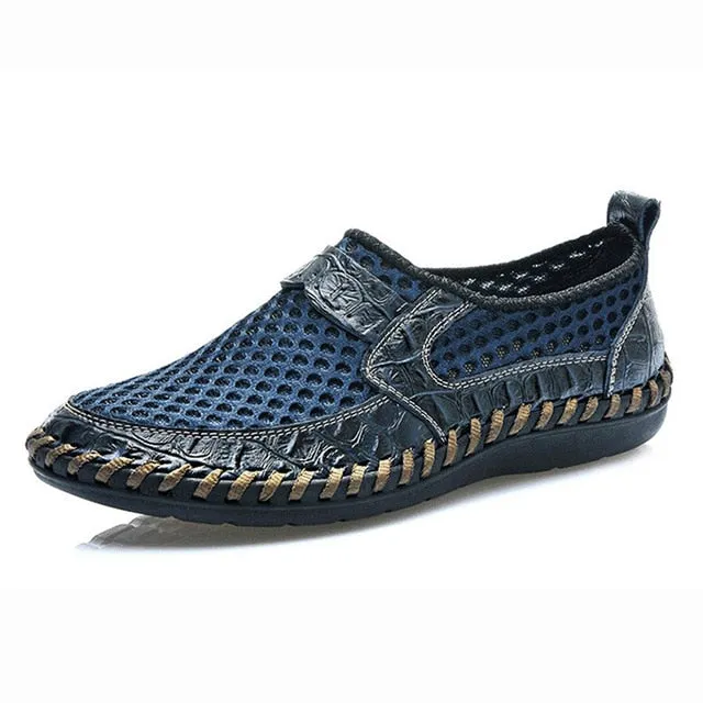 Men's Breathable Mesh Italy Loafers Genuine Leather Slip On Shoes