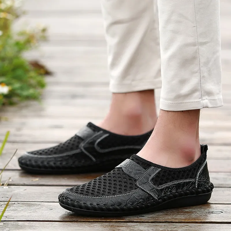 Men's Breathable Mesh Italy Loafers Genuine Leather Slip On Shoes