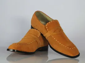 Men's Handmade Men's Tan Suede Moccasin Shoes, Men Penny Loafer Designer Shoes