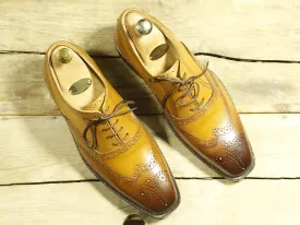 Men's Handmade Tan Leather Wing Tip Brogue Lace Up Shoes, Men Designer Dress Formal Luxury Shoes