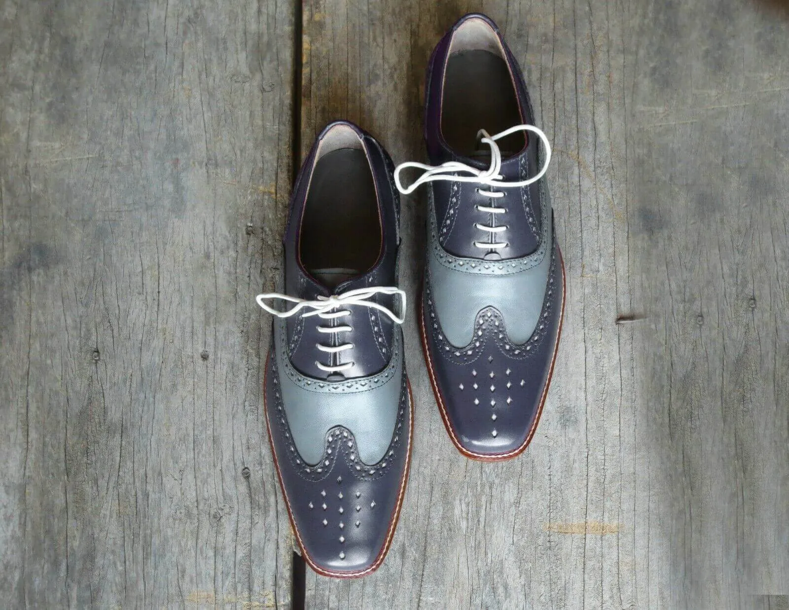 Men's Handmade Two Tone Gray Leather Shoes, Men Wing Tip Brogue Dress Formal Shoes