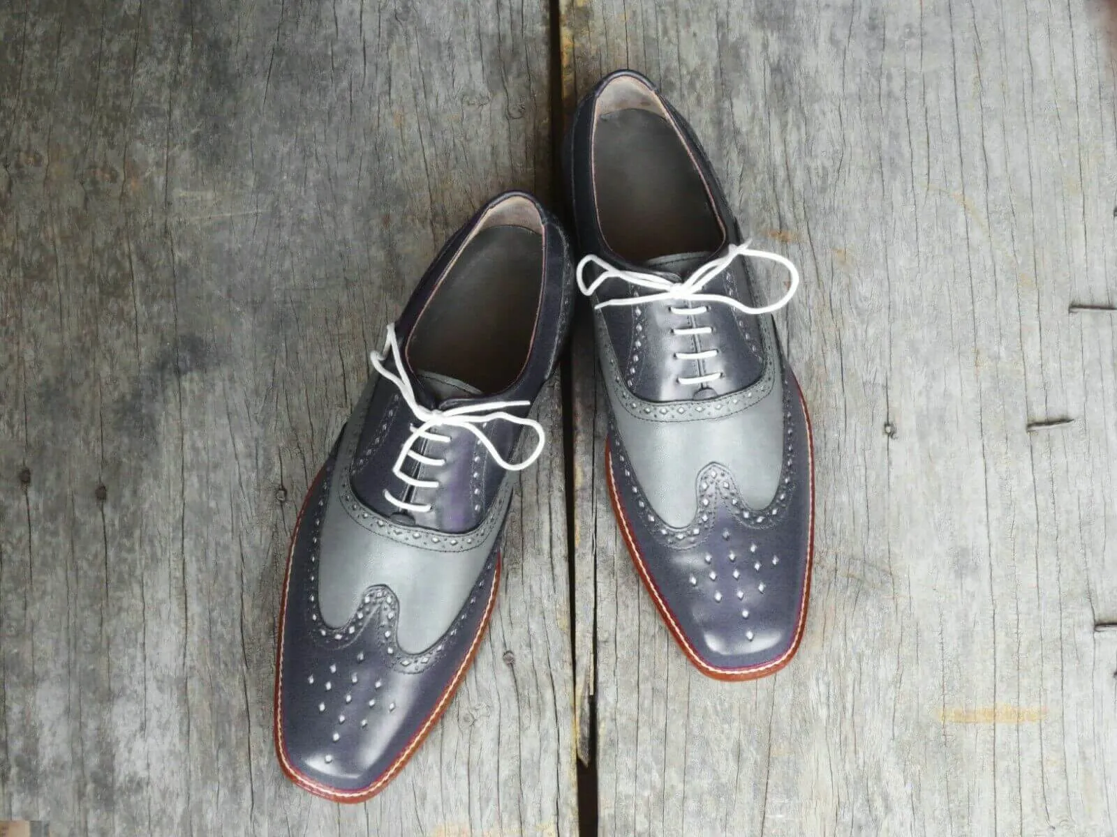 Men's Handmade Two Tone Gray Leather Shoes, Men Wing Tip Brogue Dress Formal Shoes