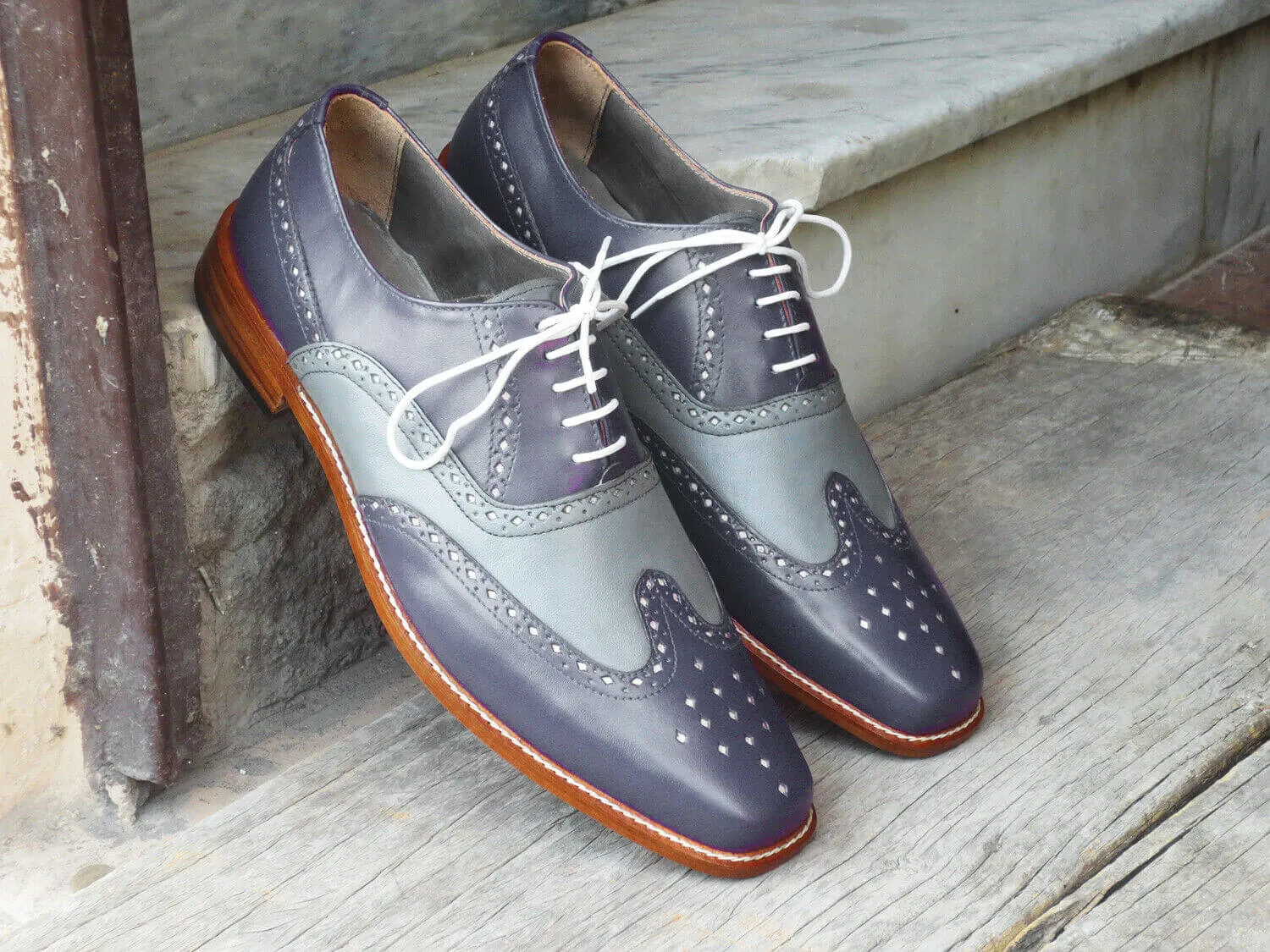 Men's Handmade Two Tone Gray Leather Shoes, Men Wing Tip Brogue Dress Formal Shoes