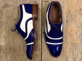 Men's Handmade White Blue Cap Toe Leather Lace Up Shoes, Men Formal Dress Shoes