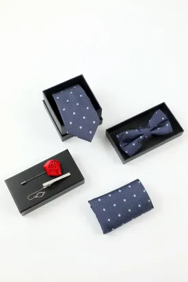 Men's Navy 5-Piece Accessory Set Tie and Bow Tie Pocket Square Flower Lapel Pin Tie Clip