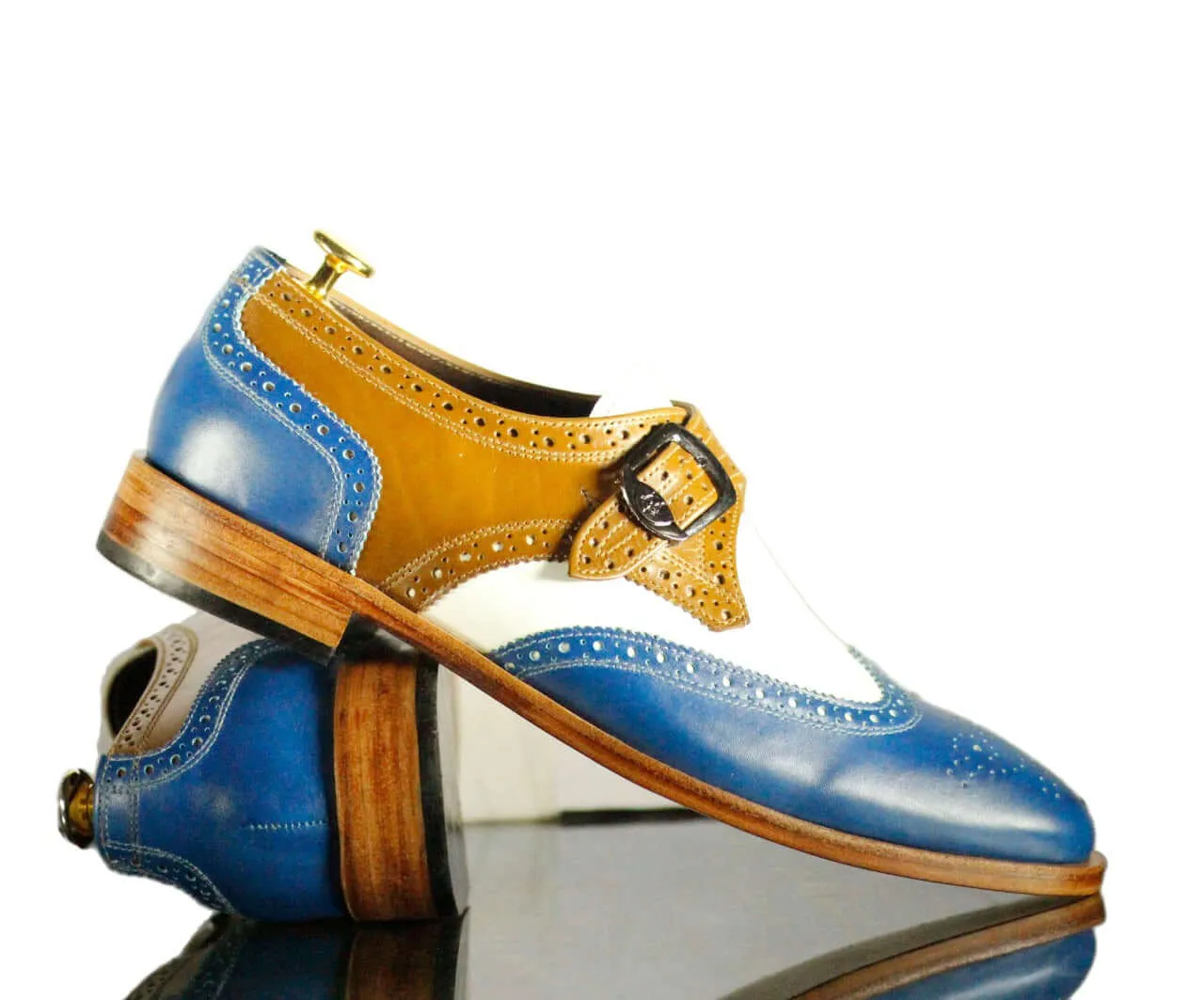 New Handmade Men's Multi Color Leather Wing Tip Brogue Monk Strap Shoes, Men Dress Formal Shoes