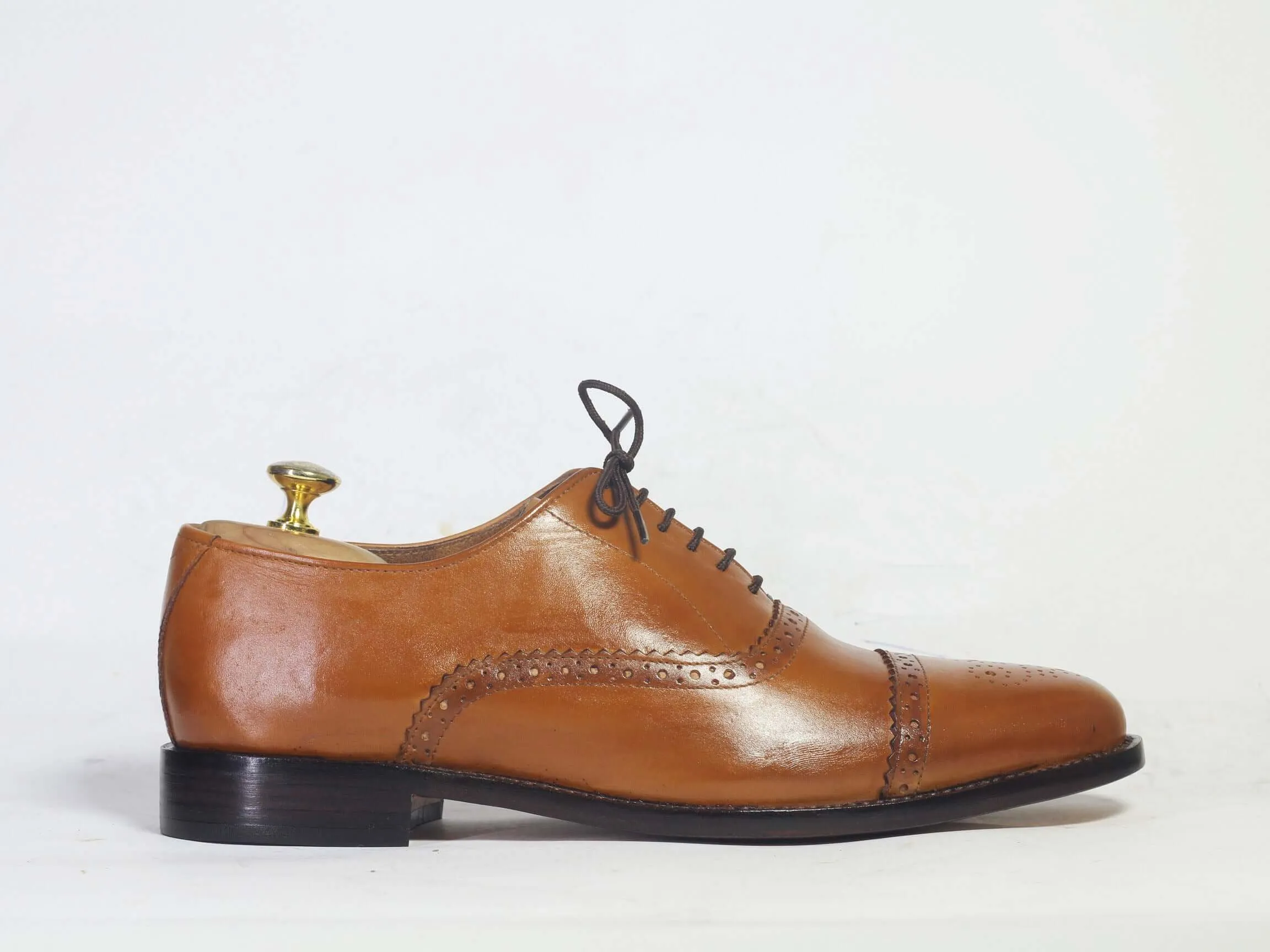 New Handmade Men's Tan Cap Toe Brogue Leather Lace Up Shoes, Men Designer Dress Formal Luxury Shoes