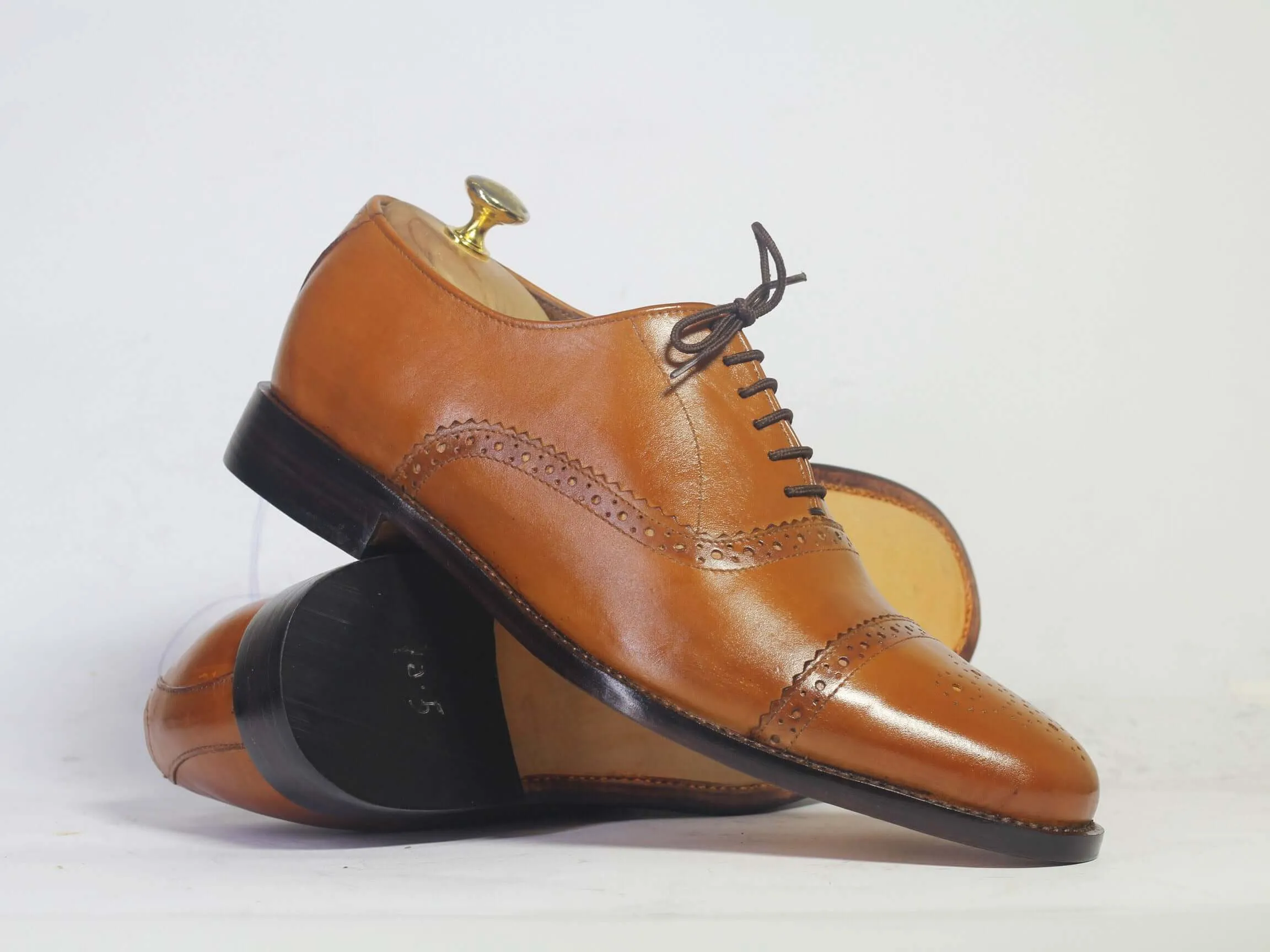 New Handmade Men's Tan Cap Toe Brogue Leather Lace Up Shoes, Men Designer Dress Formal Luxury Shoes