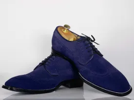 New Men's Handmade Blue Wing Tip Lace Up Shoes, Men Suede Designer Shoes