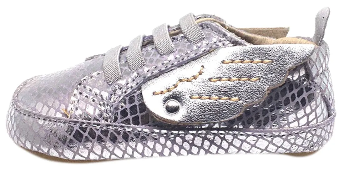 Old Soles Girl's Silver Snake Winged Leather Bambini Wings Elastic Lace Slip On Crib Walker Baby Shoe