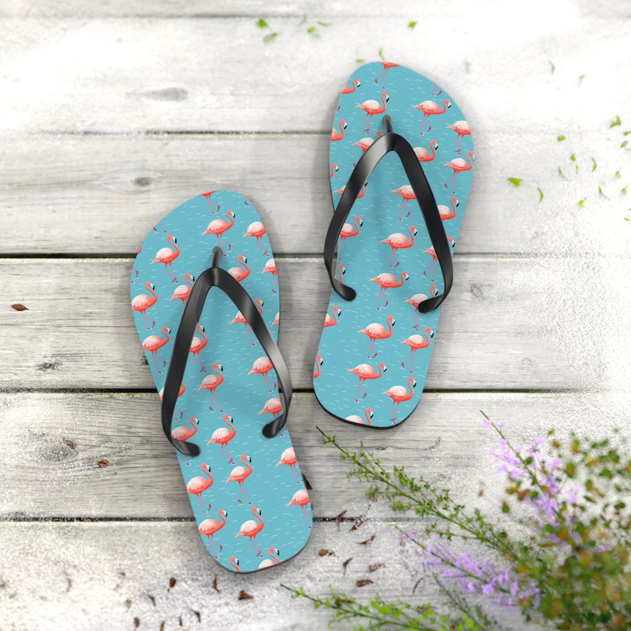 Pink Flamingo Flip Flops, Blue Water Comfortable Thong Sandals Summer Woman Men Ladies Beach Print Rubber Slip On Shoes