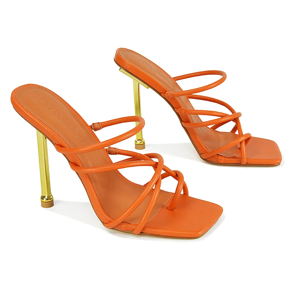 Raelynn Strappy Square Toe Metallic Stiletto High Heels in Orange Synthetic Leather