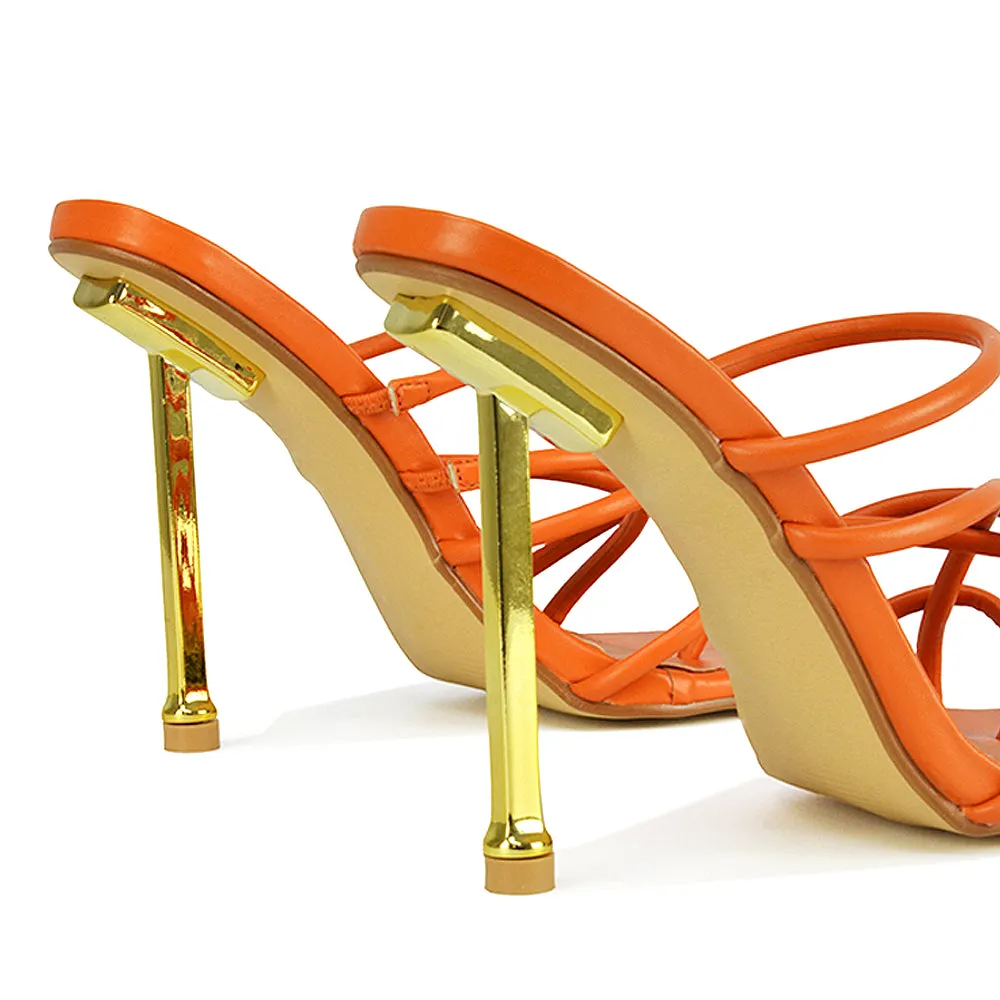 Raelynn Strappy Square Toe Metallic Stiletto High Heels in Orange Synthetic Leather