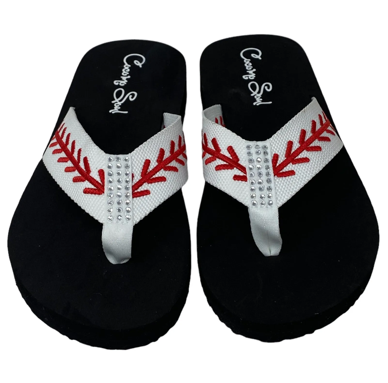 Rhinestone Baseball Embroidered Baseball Flip Flops Sandals Slippers Womens