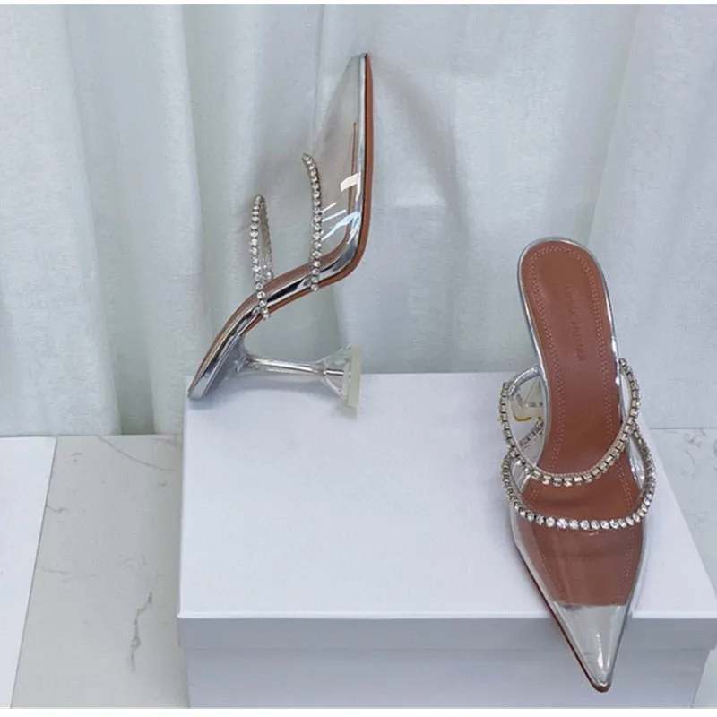 Rhinestones Satin Elegant Pointed toe High heels Lady Mules