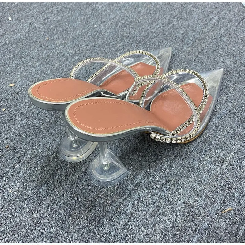 Rhinestones Satin Elegant Pointed toe High heels Lady Mules