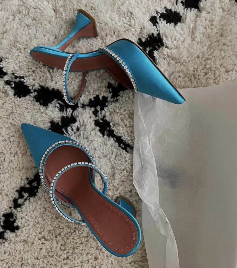 Rhinestones Satin Elegant Pointed toe High heels Lady Mules