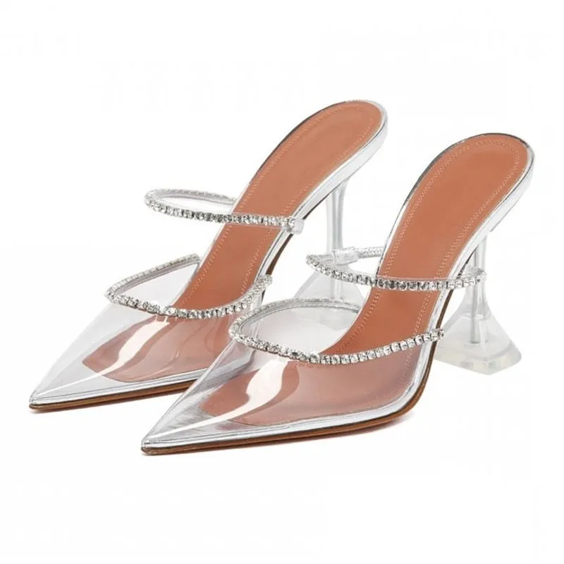 Rhinestones Satin Elegant Pointed toe High heels Lady Mules