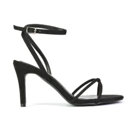 Ridge Strappy Round Toe Mid High Heel Stiletto Sandals in Black Faux Suede