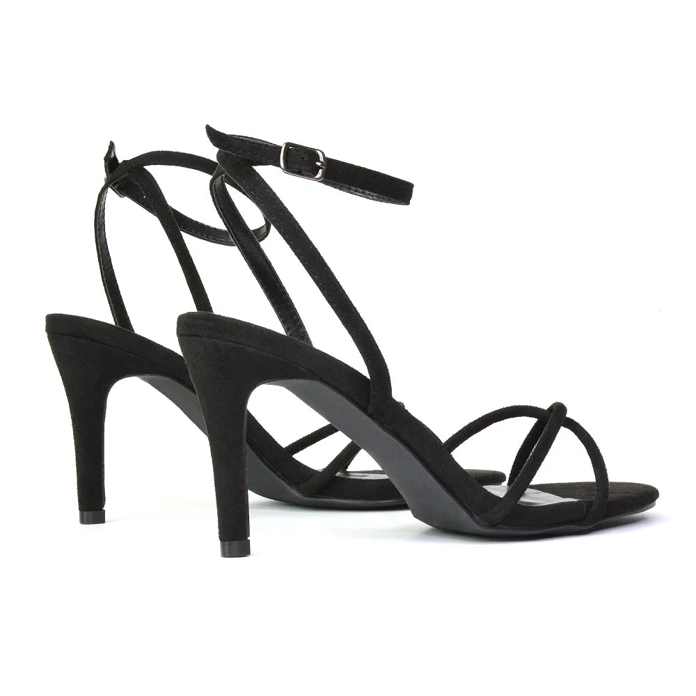 Ridge Strappy Round Toe Mid High Heel Stiletto Sandals in Black Faux Suede