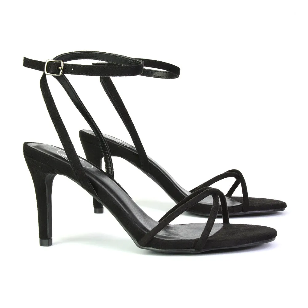 Ridge Strappy Round Toe Mid High Heel Stiletto Sandals in Black Faux Suede