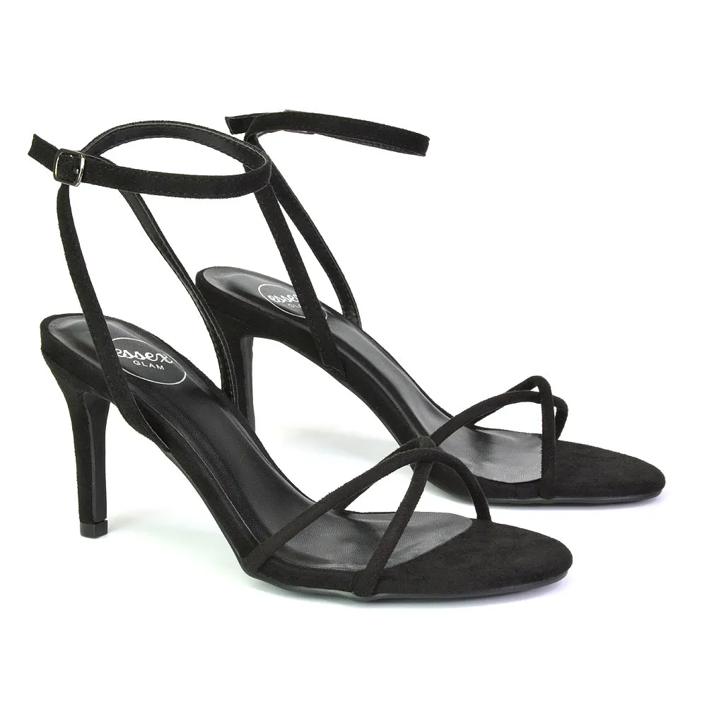 Ridge Strappy Round Toe Mid High Heel Stiletto Sandals in Black Faux Suede