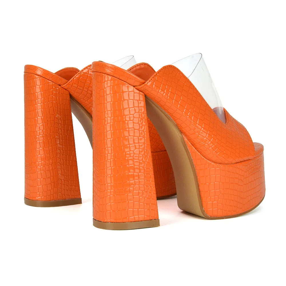 Saorise Perspex Strappy Block High Heel Platform High Heel Mules In Orange