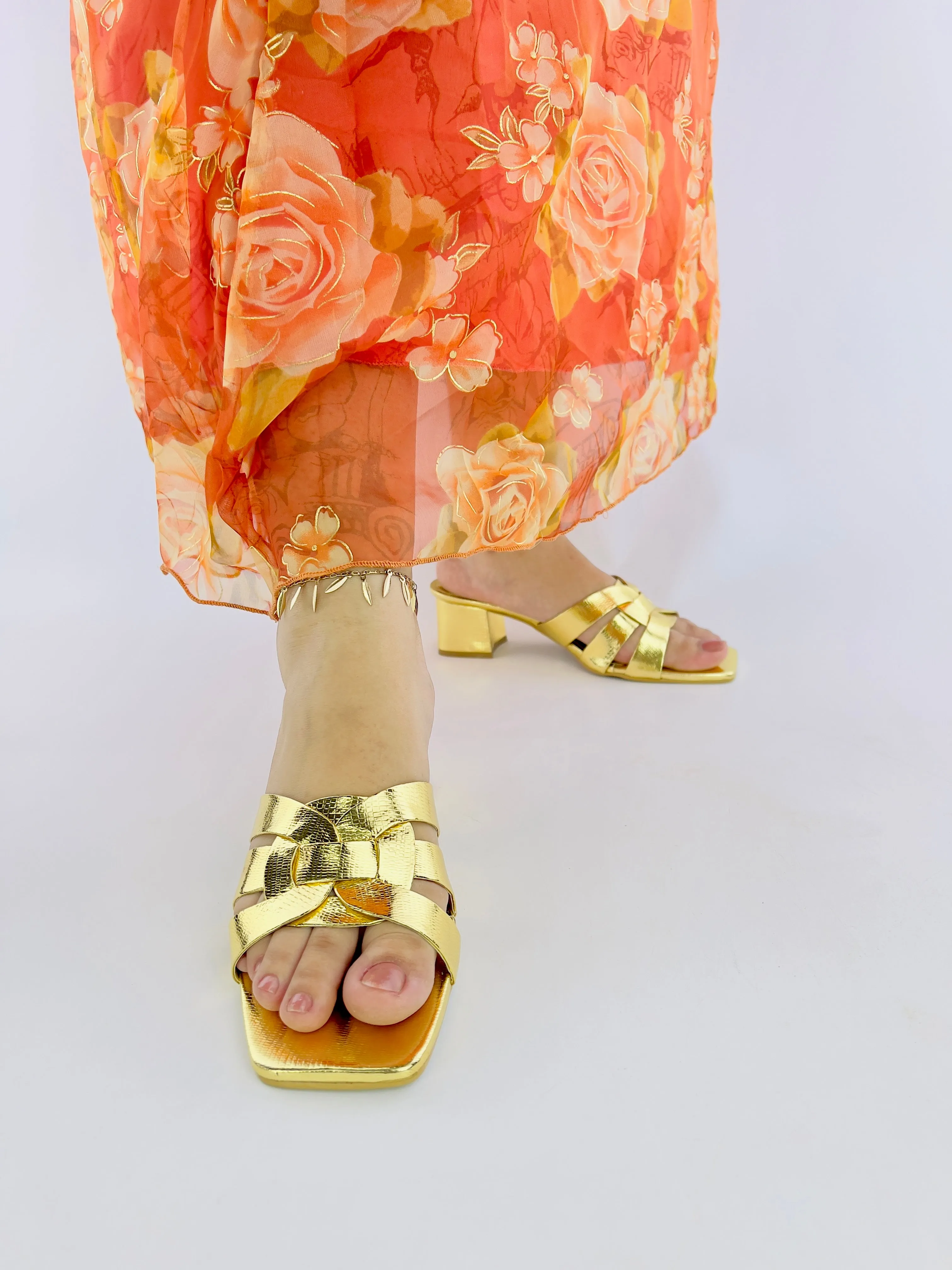 Spunkz Gold Snake Block Heel Sandals