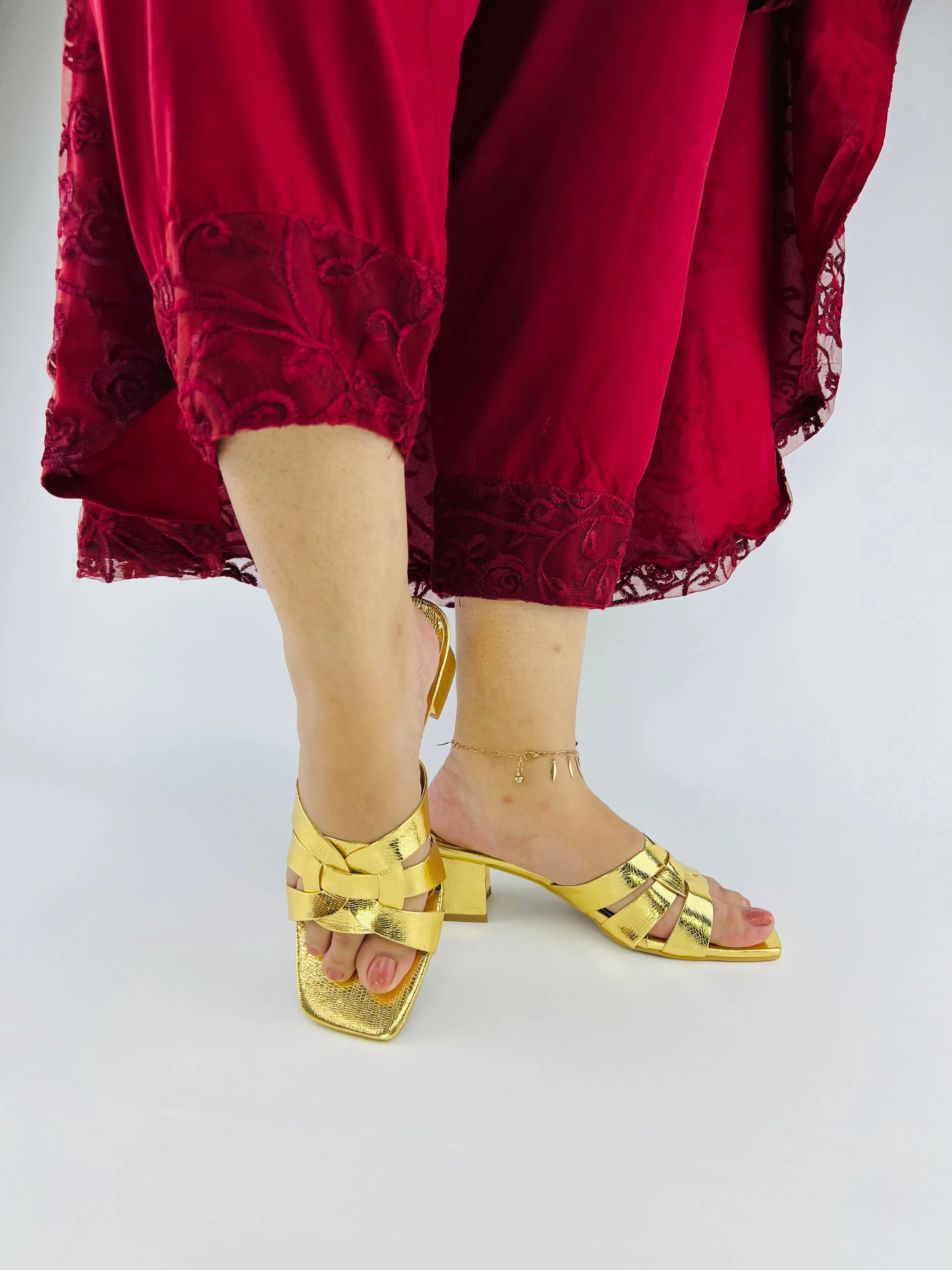 Spunkz Gold Snake Block Heel Sandals