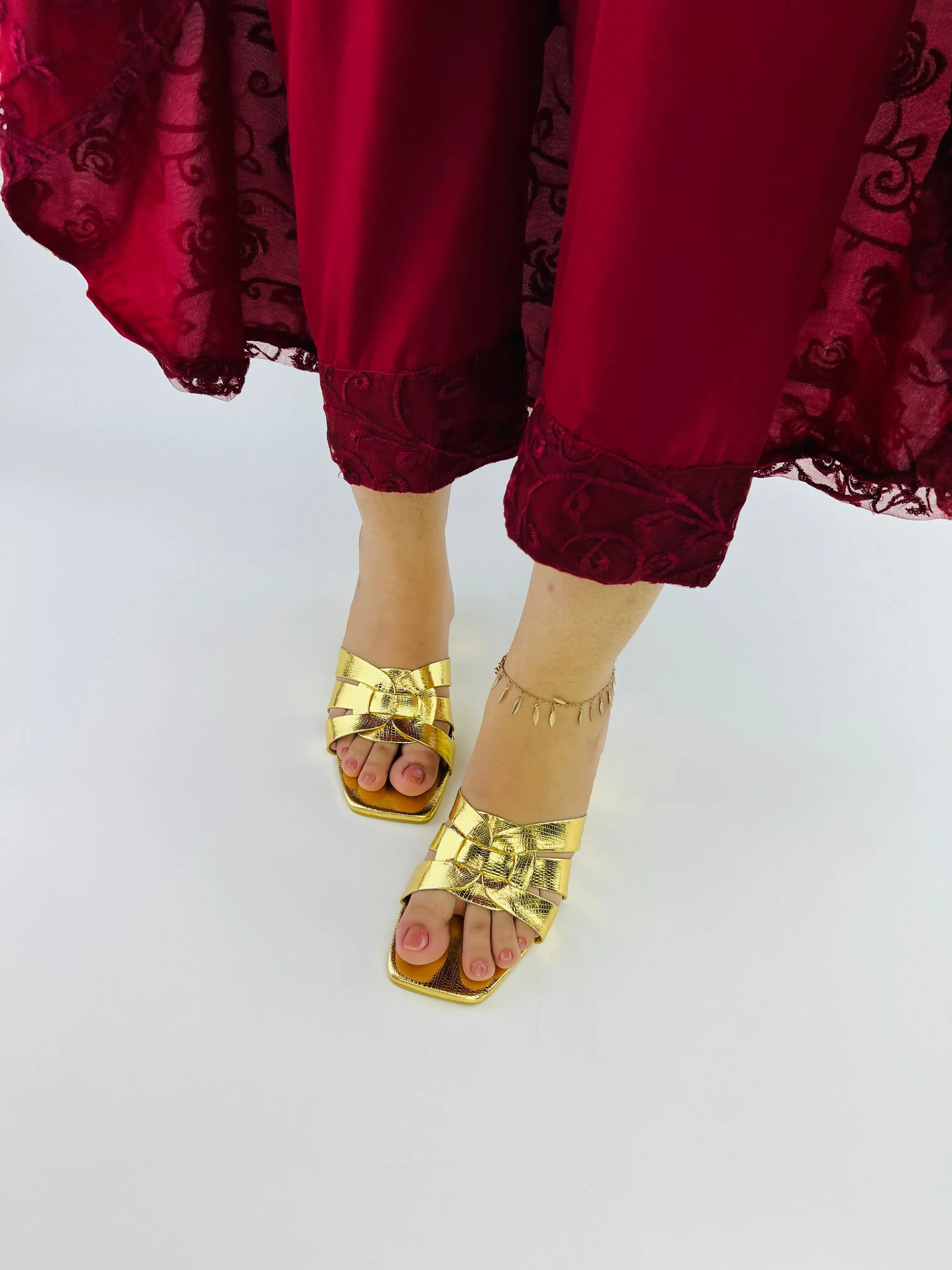 Spunkz Gold Snake Block Heel Sandals