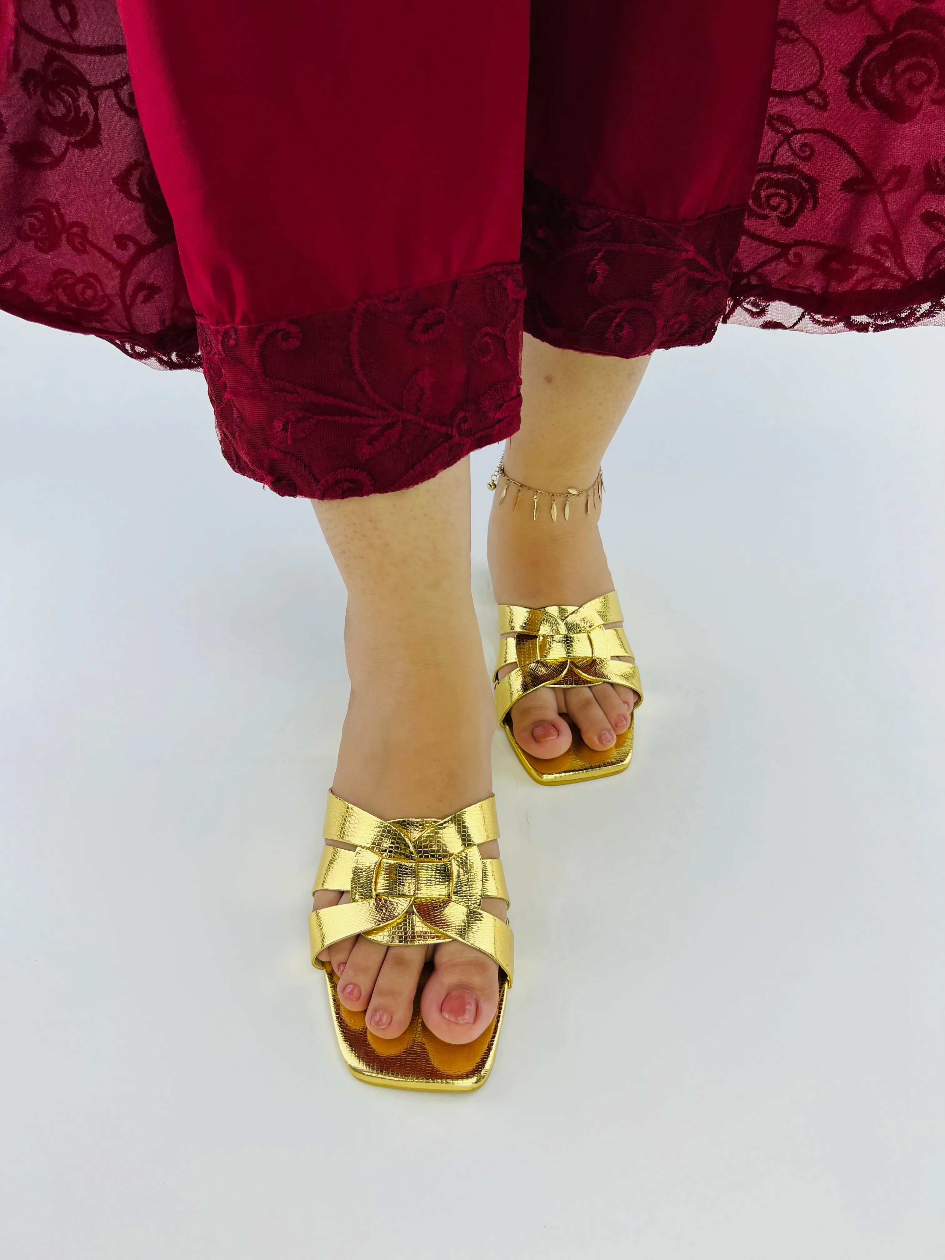 Spunkz Gold Snake Block Heel Sandals