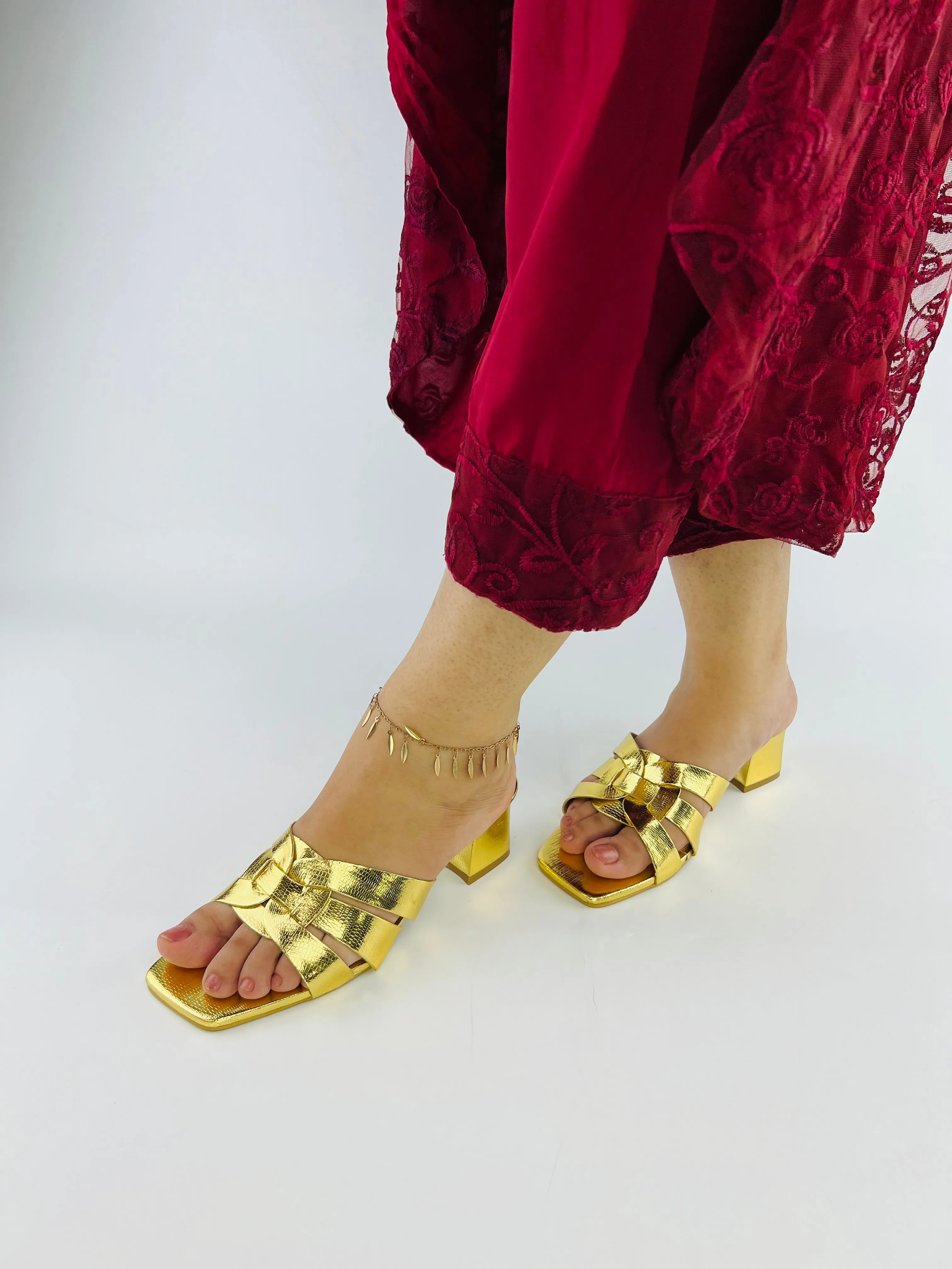 Spunkz Gold Snake Block Heel Sandals