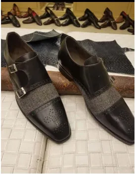 Stylish Handmade Men's Black & Gray Double Monk Strap Tweed & Leather Brogue Shoes