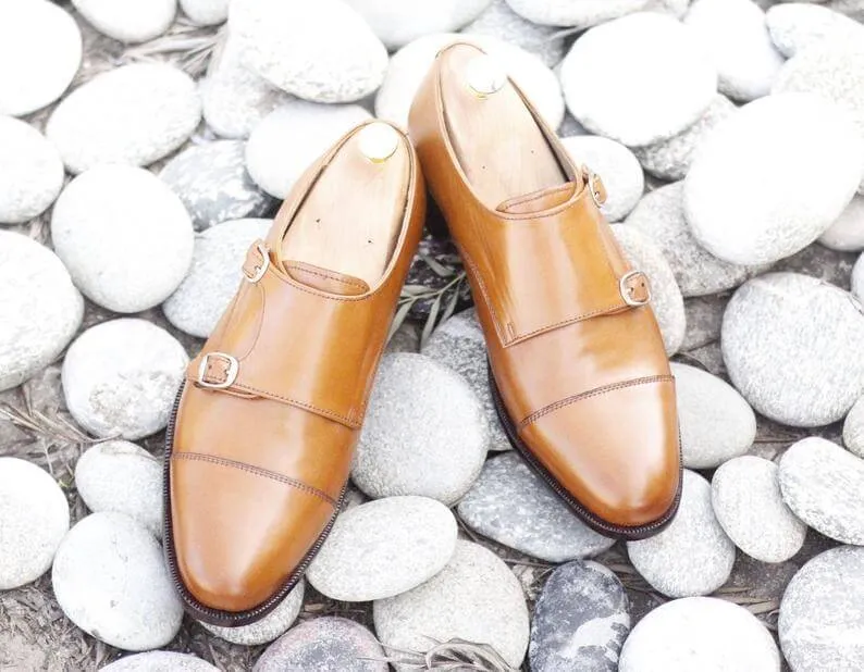 Stylish Handmade Men's Leather Tan Color Double Monk Strap Shoes, Men Dress Formal Cap Toe Shoes